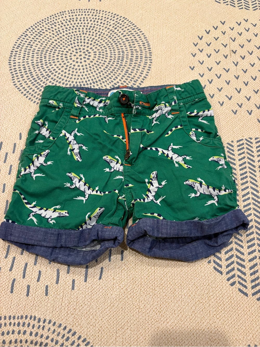 Mini Boden Green Lizard Print Shorts with Navy Waistband